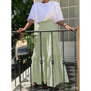 Women's High Waist Fitted Gingham Maxi Skirt Tiered Plaid Long Skirts A-Line Flowy Ruffle Hem Casual Summer Vacation Outfits Cottagecore French Girl Aesthetic Picnic Boho Chic Daily Wear SpringRAIMENTRY