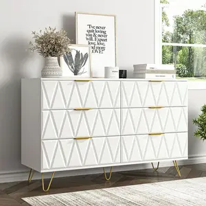 Dresser for Bedroom with 6 Drawers Wood Wide Storage Tower Organizer Unit for Closet Chest of Drawers Living Room Furniture