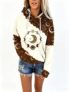 【Cozy & Stylish】Women's Fitted Drop Shoulder Colorblock Hoodie with Unique Moon Star Graphic, Casual Hooded Sweatshirt for Ladies Daily Wear, Perfect for All Seasons Outfits