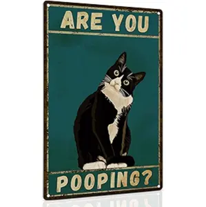 Funny Tuxedo Cat Bathroom Wall Decor Metal Sign, 8x12 in Black Cat Themed Home Art with "Are You Pooping" Message