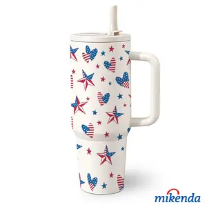 1 Pc 40 Oz Stainless Steel Water Cup With Handle And Folding Straw, Patriotic Stars And Hearts USA Flag Pattern Design, Double Wall Insulated Thermal Mug, Hot 12H/ Cold 24H, Fun Drinkware, Independence Day Easter Mother's Day Birthday Gift For Friends.