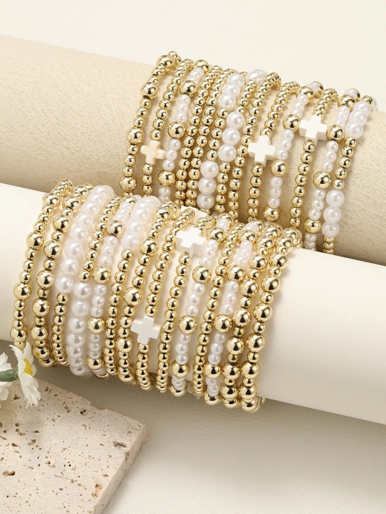 Fashion Faux Pearl Decorated Bracelet Set, Beaded Bracelet Sets, Cross Charm Decor Bracelet for Women & Girls, Trendy All-match & Exquisite Jewelry Accessories for Birthday Gift, Cross Bracelets, Cross Bracelets Stack