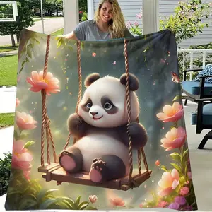 Ultra-Soft Panda-Themed Flannel Throw Blanket - All-Season Cozy & Warm, Perfect For Sofa And Bedroom Decor, Hypoallergenic, Hand-Washable, 250-300Gsm, Bohemian Style, Multi-Purpose Use