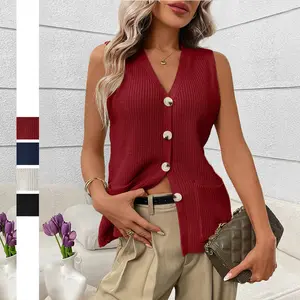 Encolax Women's Casual Crochet Cardigan & Sleeveless Knit Tank with Button Detail