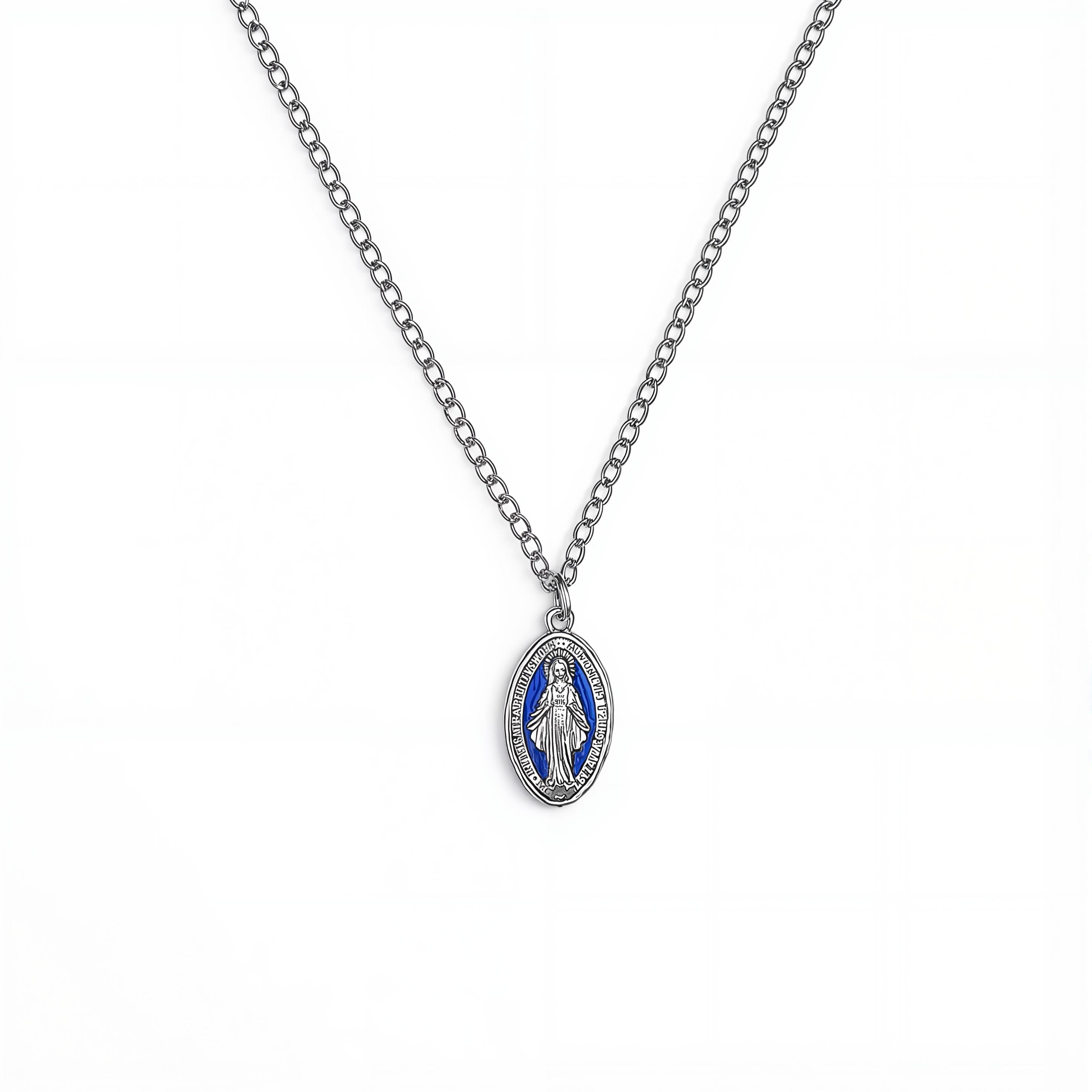 Virgin Mary Necklace Blue Enamel Craft Pendant Necklace