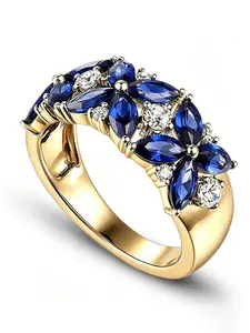 Blue Sapphire Flower Ring, Vintage Luxury, Hypoallergenic 18k Gold Plated, Diamond Accent, Perfect Gift for Her