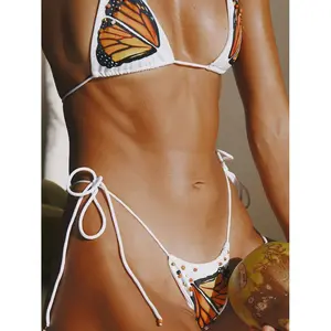 Butterfly Print Halter Drawstring 2-Piece Bikini Swimsuit Set, Stretch Fabric, Flexible Fit, Polyester Mix, Hand Wash Care