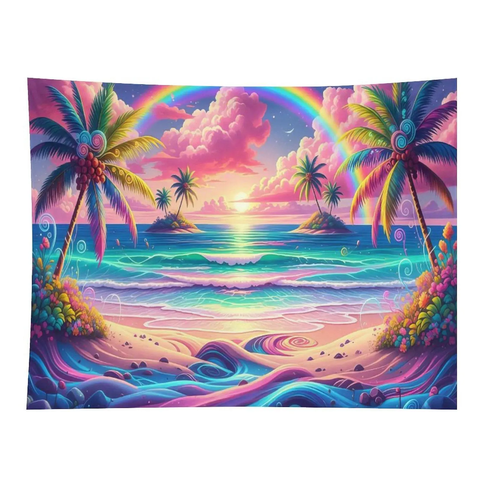 Dreamy Rainbow Palm Tree Tropical Ocean Beach Sunset Pastel Surreal Cartoon Illustration Wide Landscape Wall Tapestry