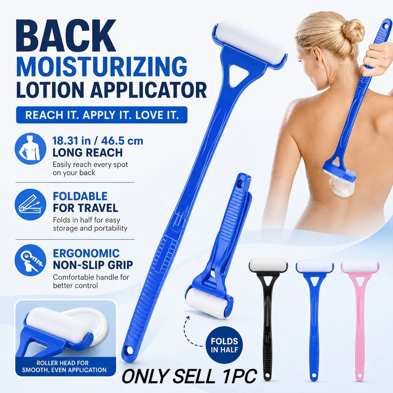 18.3 Inch  Back Moisturizing Body Care Lotion Applicator, Body Care Tool, Sunscreen Application Roller Foldable Long Handle, Roller Head, Ergonomic Non-Slip Grip, Portable for Travel & Daily Use Long Curved Handle Sunscreen Applicator for Back