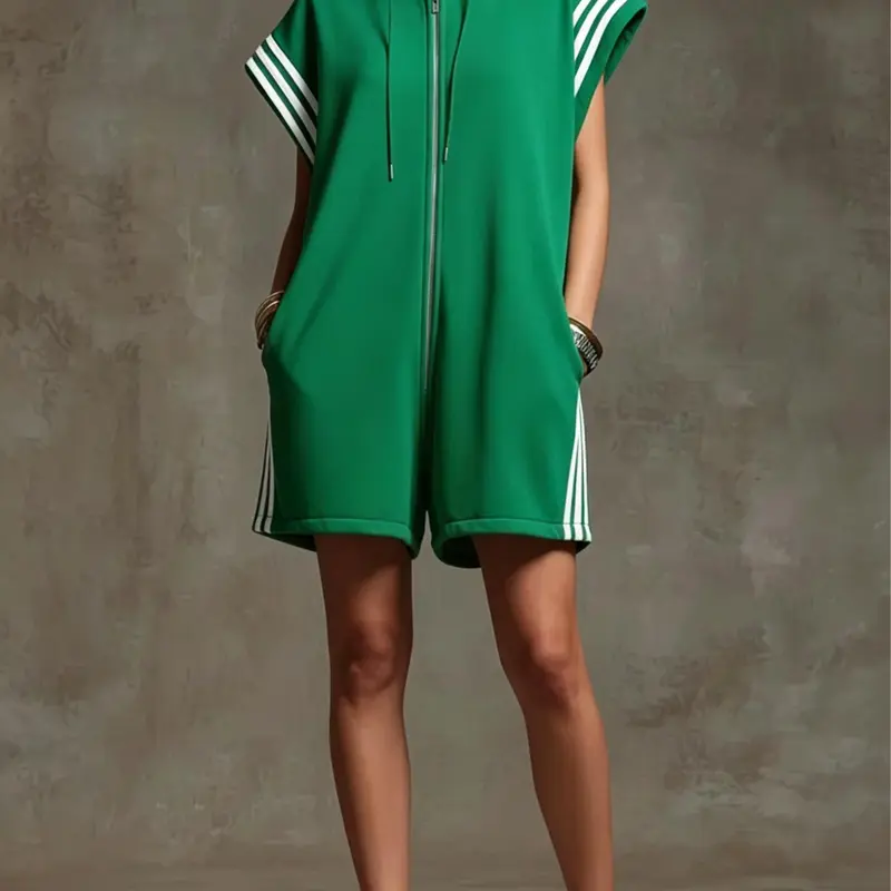 Women's 2026 New Summer Loose Sleeveless Contrast-Color Side-Striped Zip-Up Stand-Collar Pocketed Short Jumpsuit Romper, Womenswear Romper, Jumpsuits