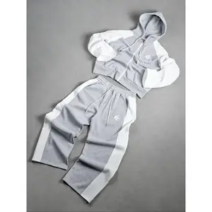 Gray & White Two-Piece Streetwear Tracksuit Set - TikTokShop Black Friday Deals Fall Fashion, Cropped Hoodie & Pants Matching Outfit, Stylish Contrast Panel Design, Comfortable Casual Daily Wear, Trendy Aesthetic Co-ord, Christmas Gift Idea