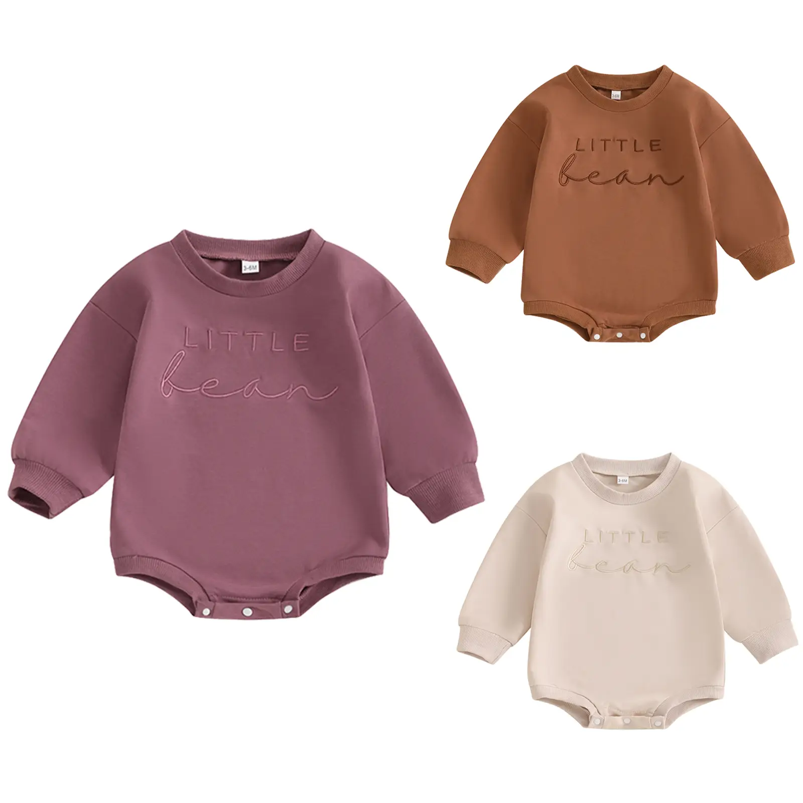 Infant Baby Girl Boy Sweatshirt Romper Little Bean Embroidery Playsuit Long Sleeve Onesie Bodysuit Fall Winter Warm Outfit