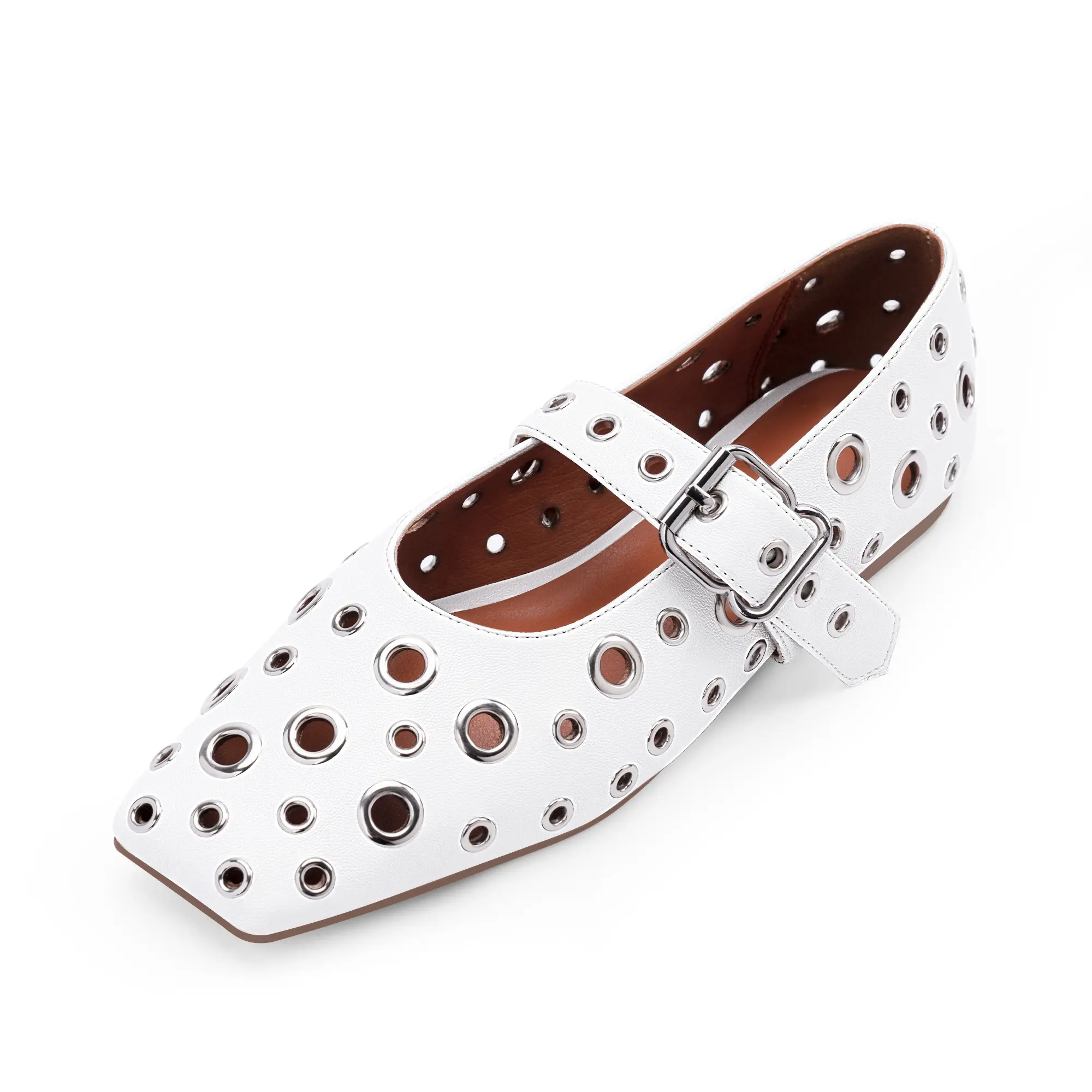 Women's Metal Eyelet Ballet Flats Buckle Perforated Mary Jane Studded Shoes