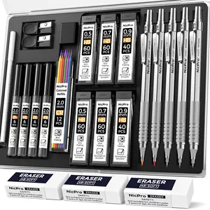 Nicpro 5Pack Metal Mechanical Pencils Set in Case, Art Drafting Pencil 0.5, 0.7, 0.9mm & 2 Pack 2mm Graphite Lead Holder(4B 2B HB 2H) with 10 Tube Lead Refills Erasers