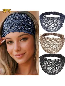 Elegant Lace Flower Headband Set, 3 Pcs Hollow Beaded Plum Blossom Hair Bands, Wide Strap Safety Hair Accessories for Women