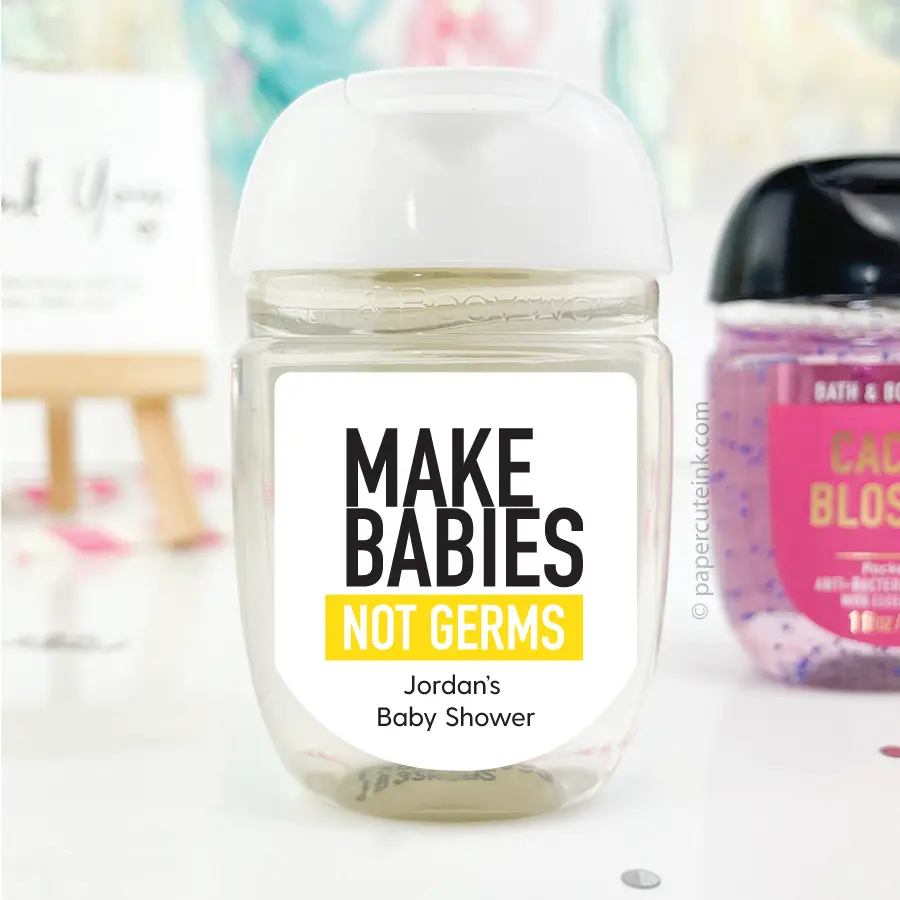 Make Babies Baby Shower Hand Sanitizer Labels - 30 Glossy Adhesive Stickers for Bath & Body Works PocketBac Bottles - Personalized with Names and Event Title