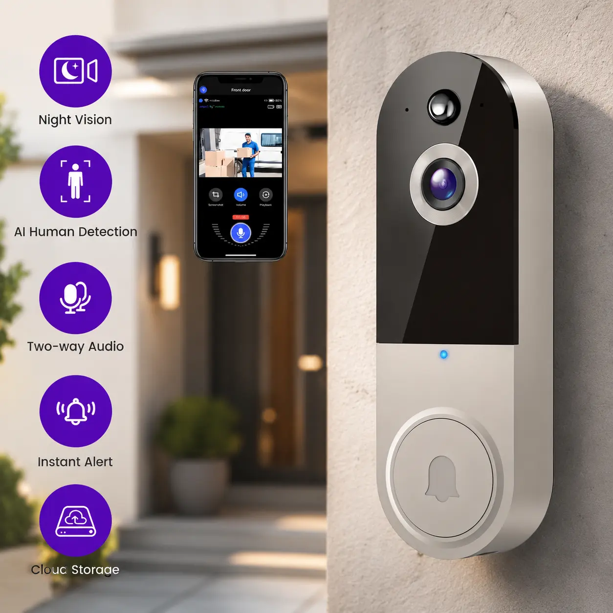 1440P Wireless Smart Doorbell with Night Vision, Two-Way Intercom, and Local Storage