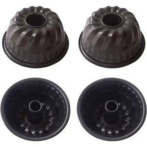 4 Inch Fluted Cake Pan, 4 Pack Mini Tube Cake Pan Set, Nonstick Fluted Tube Cake Pan, Reusable Carbon Steel Small Baking Cup Mold for Brownie, Jello, Bavarois - Round, Black