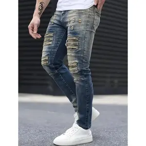 Men's Jeans, Stretch Denim Feet, Ripped, Craftsmanship, Slim, Dark Blue, Worn Men's Pants, Suitable for All Seasons tiktok  shop  fadhion mens  skinny  jeans