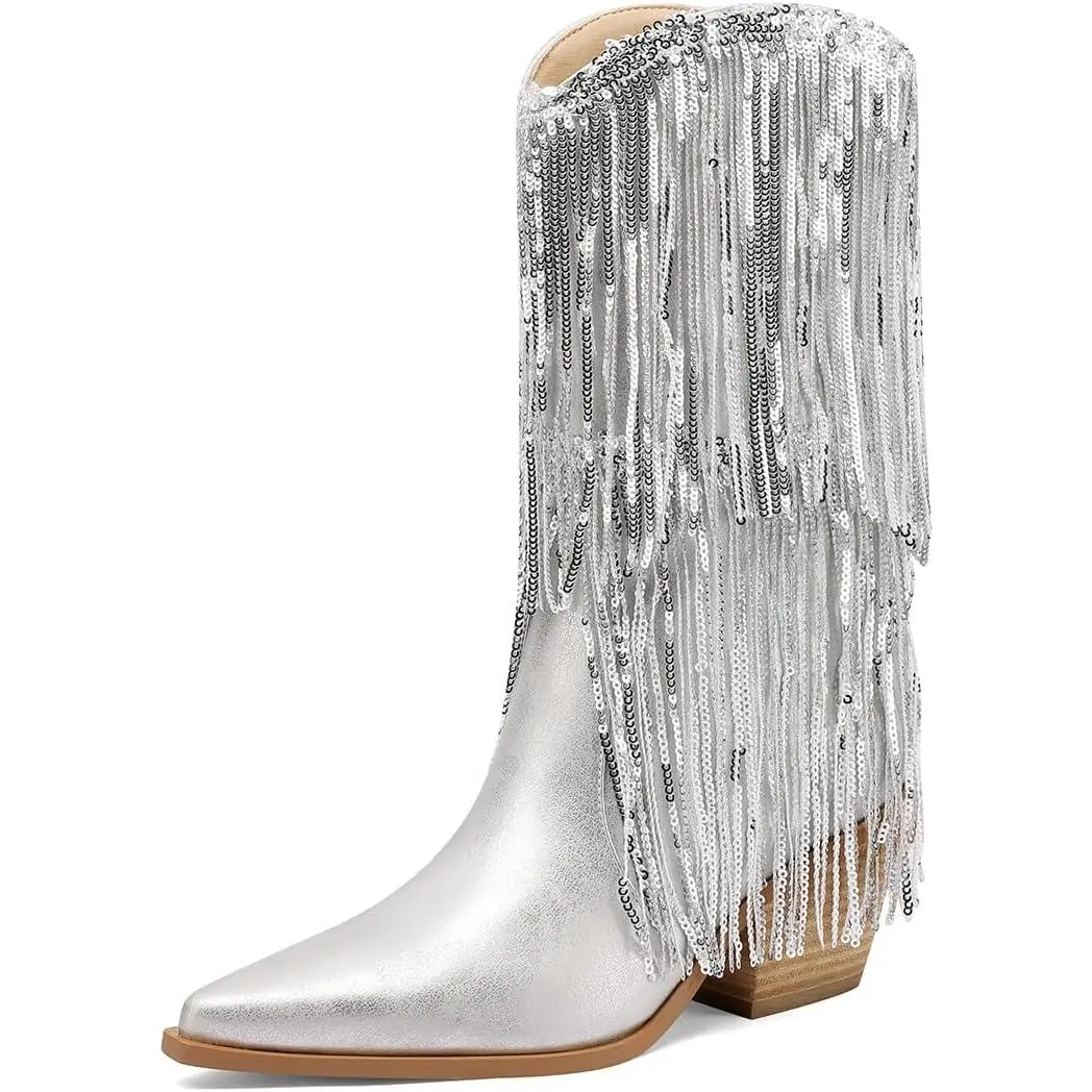 Women's Vintage Cowboy Footwear - Elegant Wide Calf Pointed Toe Chunky Heel Soft PU Leather Rhinestone Sequin Fringe Silver Slip-On Knee-High Indoor Party Boots