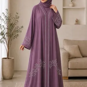 Dubai Abaya Closed Front Umbrella Style with Matching Scarf Waist Belt & Rhinestones Embellishments Classic Design Long Sleeves for Women