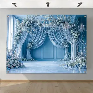 Wedding Themed Background Banner, 1 Count Flower & Curtain Pattern Backdrop, Decorative Banner for Photography Studio, Living Room & Bedroom Decor, Ornaments