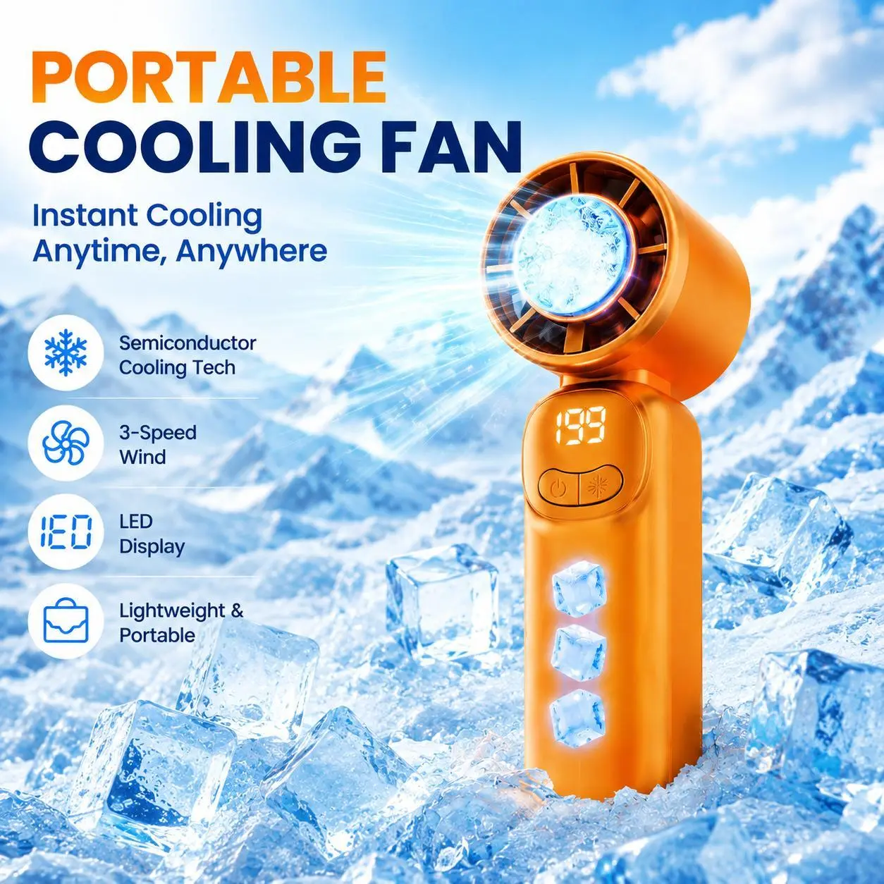 Mini Handheld Mobile Cooling Fan - 199-Speed Precision Control, Ice-Cooling Function, LED Display, Pocket-Size Portable Fan for Travel, Summer Lightweight Fan Cordless Usb Fan