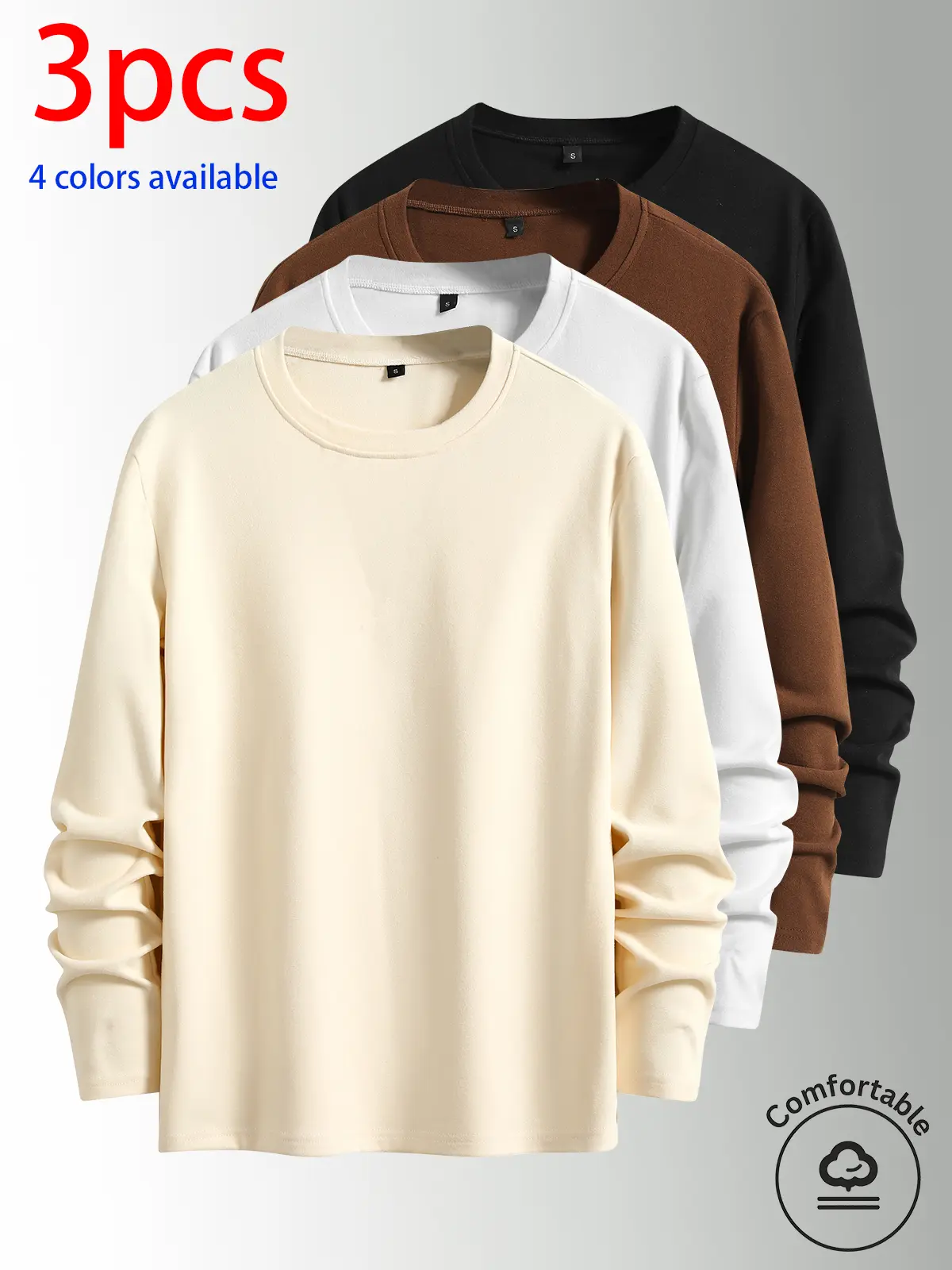 3-pack: men’s long-sleeve shirt, men’s long-sleeve T-shirt, men’s German fleece crewneck long-sleeve T-shirt.Loose, stretchy, versatile base layer top—suitable for everyday wear and layering in autumn/winter. Ideal for casual looks, students, commuting, a
