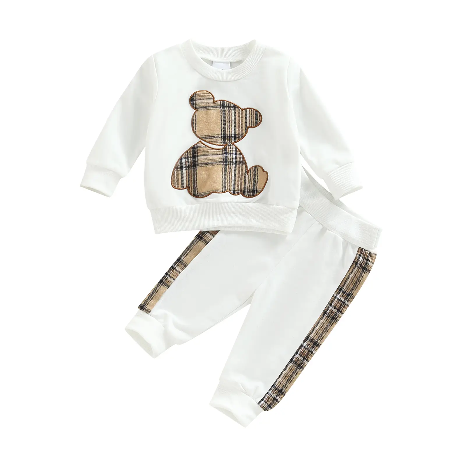 0-24M Newborn Baby Boys Girls Fall Outfits Long Sleeve Plaid Bear Pattern Sweatshirt Tops Pants Casual Clothes Set