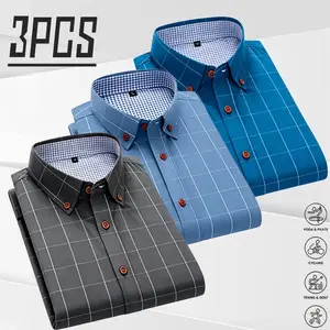 3-pack men’s plaid shirts, British business-casual style, wrinkle-resistant, no ironing needed, breathable fabric, orange contrast buttons paired with plaid details inside the collar, drapey fit that flatters figures, suitable for men’s office commutes, e