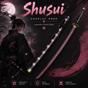 Roronoa Zoro Shusui Anime Replica Katana Toy Sword - Black Scabbard with Pink Floral Pattern, Red Serrated Blade, Cosplay & Collection Ornament, New Upgrade
