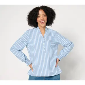 Studio Park x Amy Stran Ruffle Collar Smocked Cuff Henley Shirt