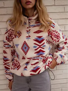 FISOEW Quarter Zip Fleece Jacket Western Aztec Print Long Sleeve Zip Up Shacket Jackets with Pockets
