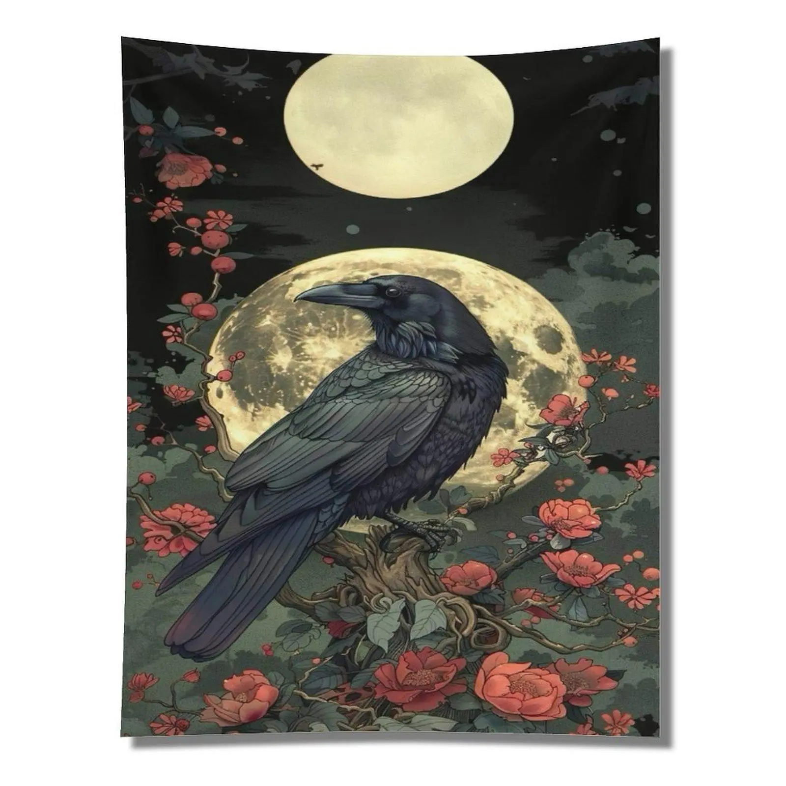Black Raven Red Plum Blossom Double Full Moon Dark Gothic Witchy Night Floral Wall Tapestry Wall Hanging