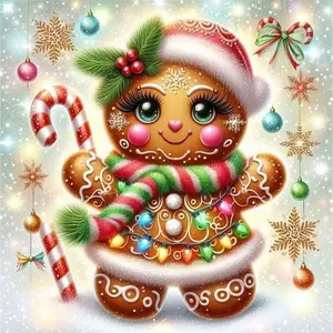 5D DIY Full Drill Round Diamond Painting - Diamond Art Kit Gingerbread Man, Colorful Lights, Candy Cane Mosaic, Canvas - DIY Decorative Painting, Home Wall Decor, Perfect for Halloween and Christmas, Independence Day, Birthdays and Anniversary Gifts
