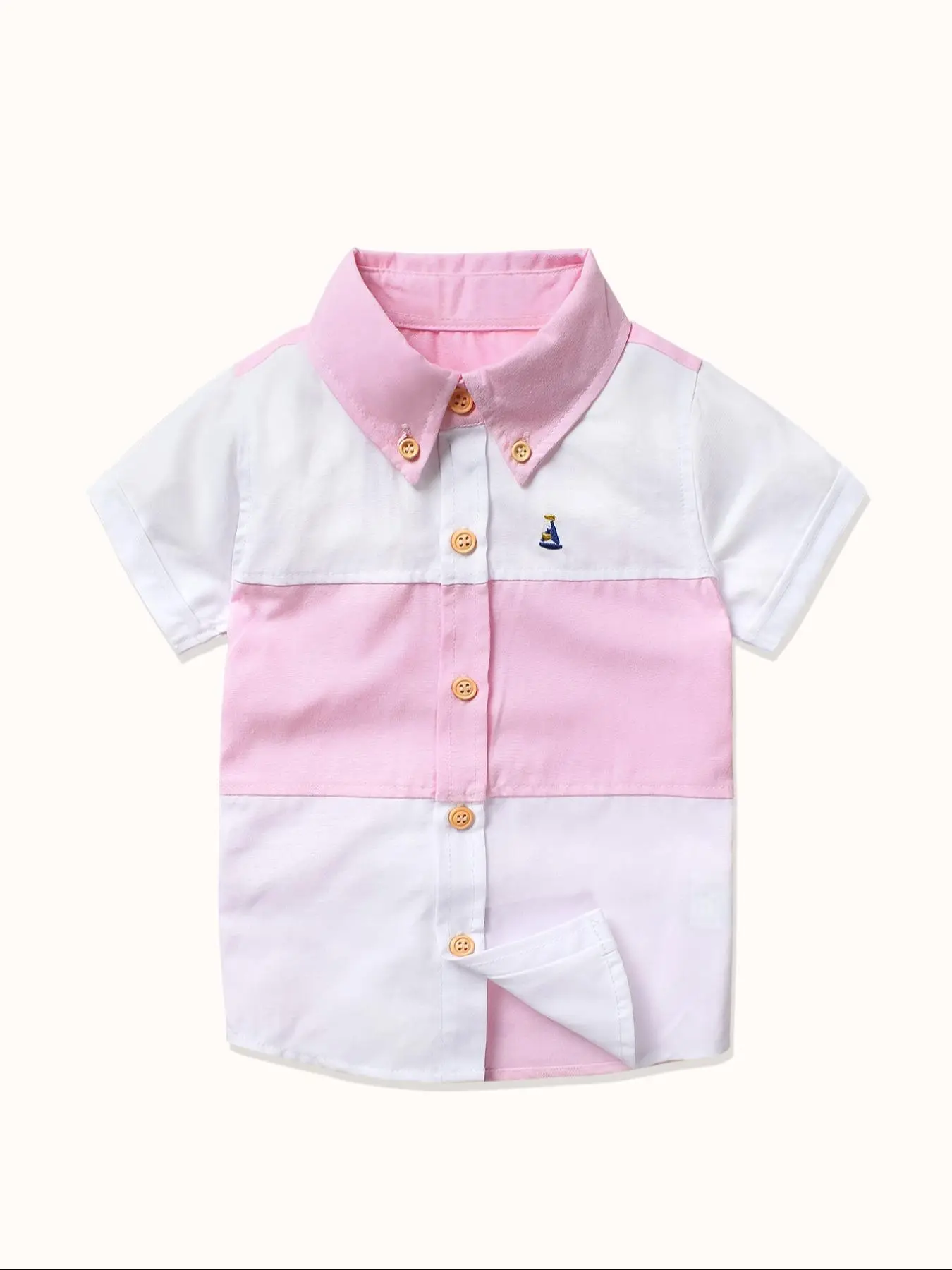 Toddler Boy's Patchwork Embroidery Detail Button Down Shirt, Casual Short Sleeve Collar Top for Summer, Kids Clothes for Daily Wear
