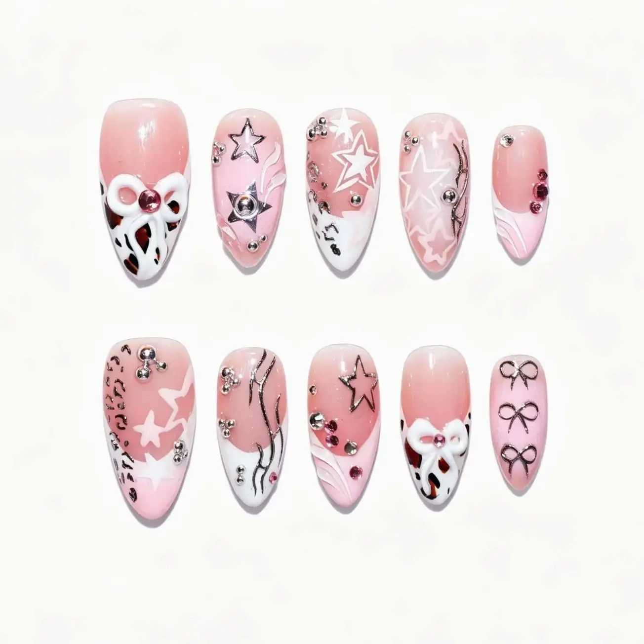 Sweet-Spicy Almond Press On Nails — 3D White Bows, Silver Stars, Leopard Print & Pink French Gradient, Y2K Reusable Manicure Gift for Her