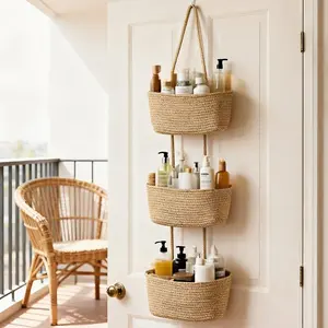 Woven cotton 3-Tier Over the Door Basket, Wall-Mounted Storage Organizer – Decorative Nursery Baskets, Perfect for Busy Mom/Dad to Store Diapers & Toys small basket Gift Hook laundry basket house organizers，bedroom decor，home essentials