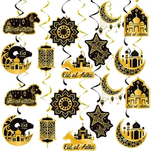 Ramadan-Islamic Party-Decorations Black- Banner Streamers - 18 count Eid Umrah Mubarak Home Decor Hanging Swirl Ceiling Garland,Moon Star Lantern Outdoor Muslim Tree Supplies