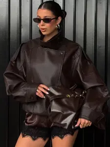 2026 Women's Asymmetric Faux Leather Jacket Women's Bomber Jacket Demi-Season Black Red Brown Outerwears Oversized Long Sleeve Tops For Women Office & Daily Wear Coat