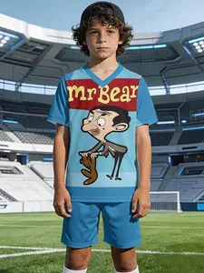 Mr. Bean cartoon boys' V-neck sports short-sleeve shirt and shorts set, 100% polyester, casual and loose fit. Features fun and fashionable printed patterns for summer, suitable for outdoor physical activities and daily casual wear in summer. A perfect gif