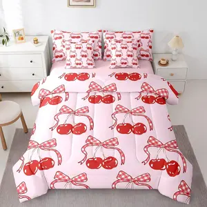 Red Cherry Bow Bed in A Bag,Cute Ribbon Bow Tie Bedding for Kids Girls Lattice Grid Butterfly Knot Comforter Set with Sheets