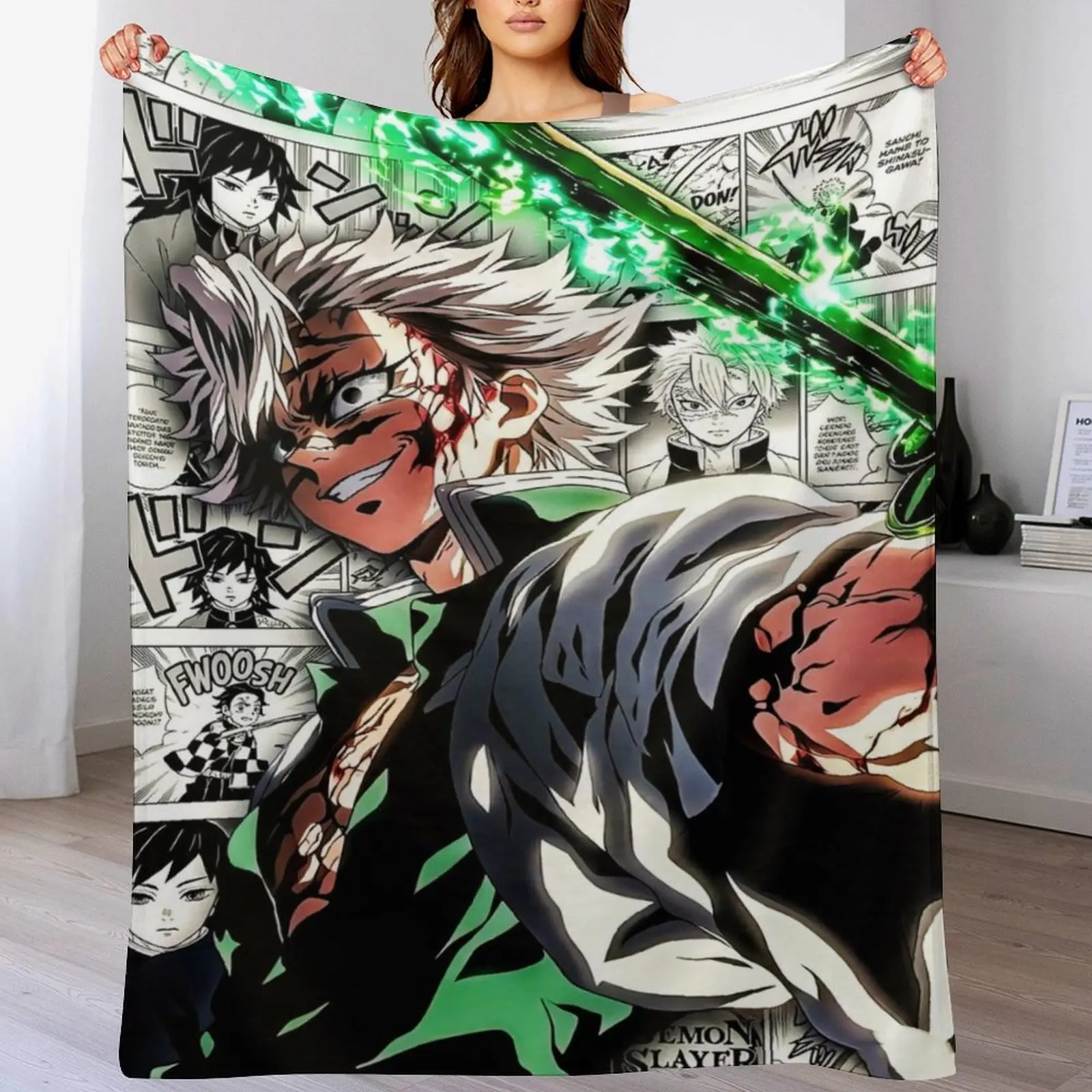 Sanemi Shinazugawa Throw Blanket Anime Manga Flannel Blanket Soft Cozy Blanket for Bedroom Couch Sofa All Season Decorative Blanket for Fans