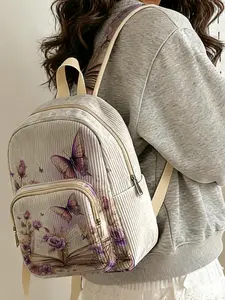 1 piece of open book and purple rose 2D printed lady's backpack, velvet texture + layered storage + light weight reduction | perfect for students to go to class/shopping/short trips | combines atmosphere with practicality