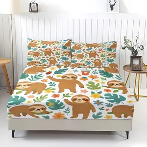 Erosebridal Kawaii Sloth Bedding Set Queen Size,Cartoon Sloth Floral Fitted Sheet,Cute Colorful Flower Bottom Sheets Wildlife Animal Print Bed Set 3 Pcs