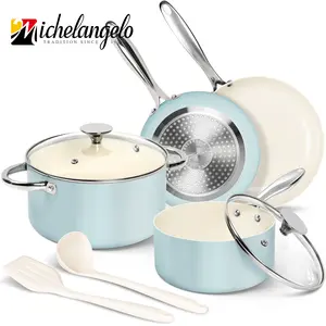 MICHELANGELO  Nonstick Ceramic Cookware Set, Healthy Pots and Pans Set, Non-Toxic Cooking Set, Fast Heating Aluminum Pots & Pans, Oven-Safe up to 500ºF, Includes 8" & 10" Frying Pans, 2 Quart Sauce Pan, 4 Quart Soup Pot, 2 Silicone Utensils