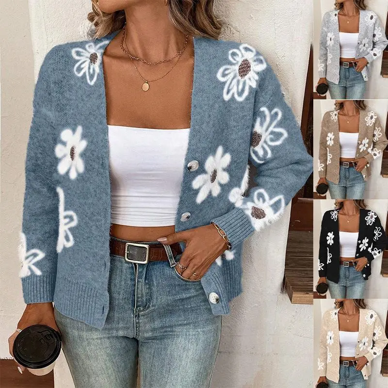 Women's Stylish Floral Print Button-Front Long Sleeve Viscose Knit Cardigan Top - Trendy College Girl Aesthetic Womenswear, Sweet Lady Style, Check Size Chart, L