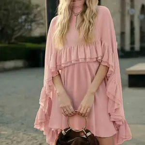 2026 Hot Selling Semi-Sheer Chiffon Ruffle Dress With Outer Cape Womenswear Breathable Elegant Overall