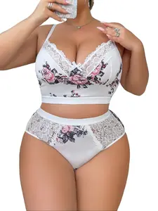 Plus Size Women’s Lip Print Sexy Lingerie Set – Contrast Lace Bra and Panties, 2-Piece Comfortable Stretch Fabric Floral Pink minimizer camisa faja dd cupsdd cups Bikini    V design seamless jelly wide strap adjustable classic Corset Lace-Up bralette full