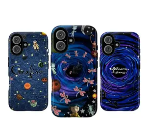 Whimsical Girl Phone Case for iPhone 17 ProMax Plus Air 16 15 14 13 12 11 X XR,Creepy Cute Button Eye & Black Cat, Blue Night Sky, Spooky Galaxy, Creepy Cute Gift for Friends Dark Fantasy Movie